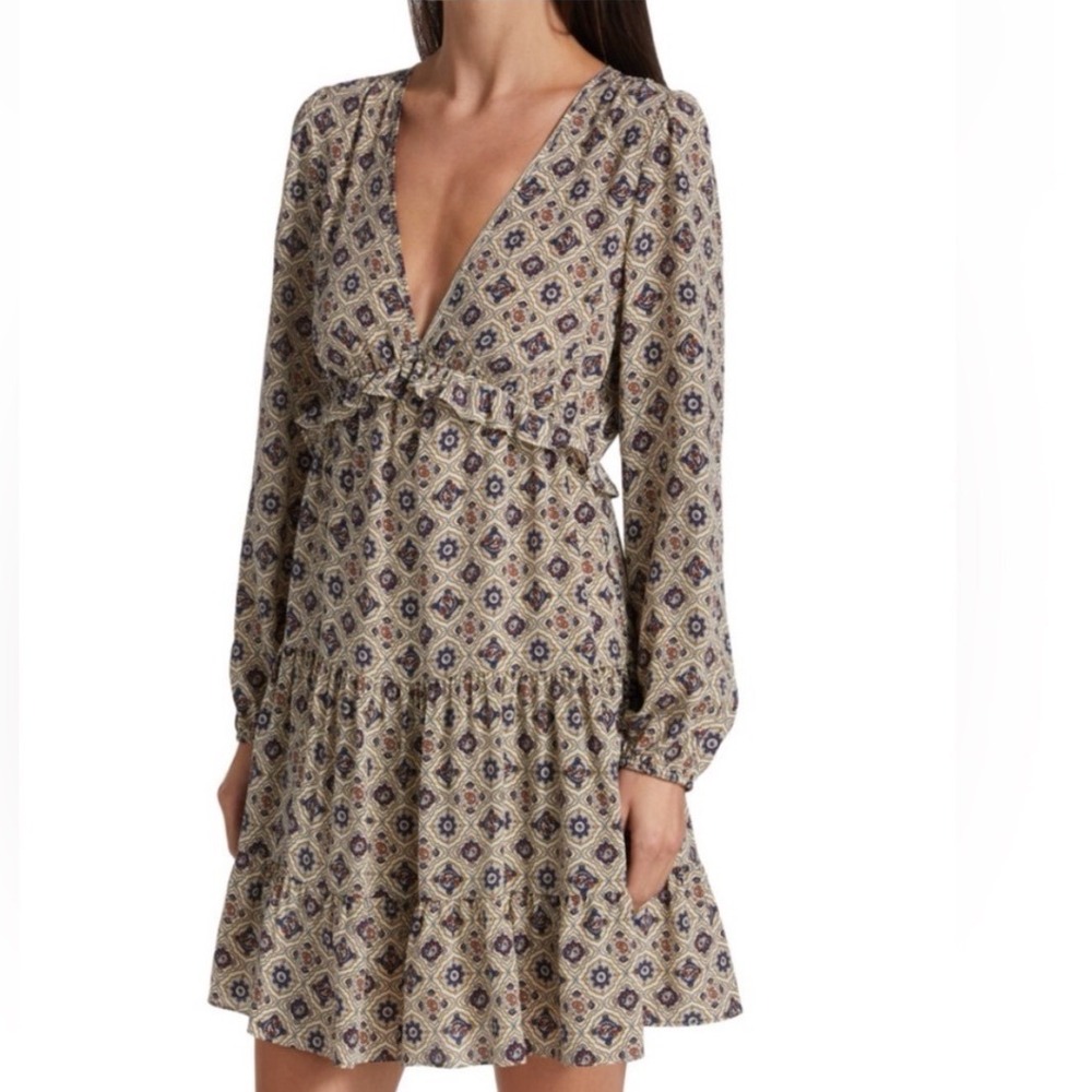 Veronica Beard "Delray" Silk Dress 14 Tan Blue Tile Print Ruffle V-Neck Mini
